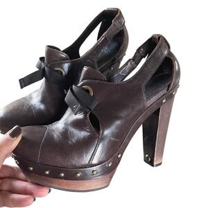 UGG Celestine Clog Heels Women 7.5 Brown Leather Bow Studded Platform Wood Boho